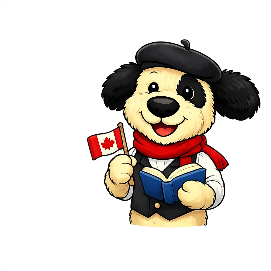 The PlusFrench mascot, a dog in a beret holding a Canadian flag and a book